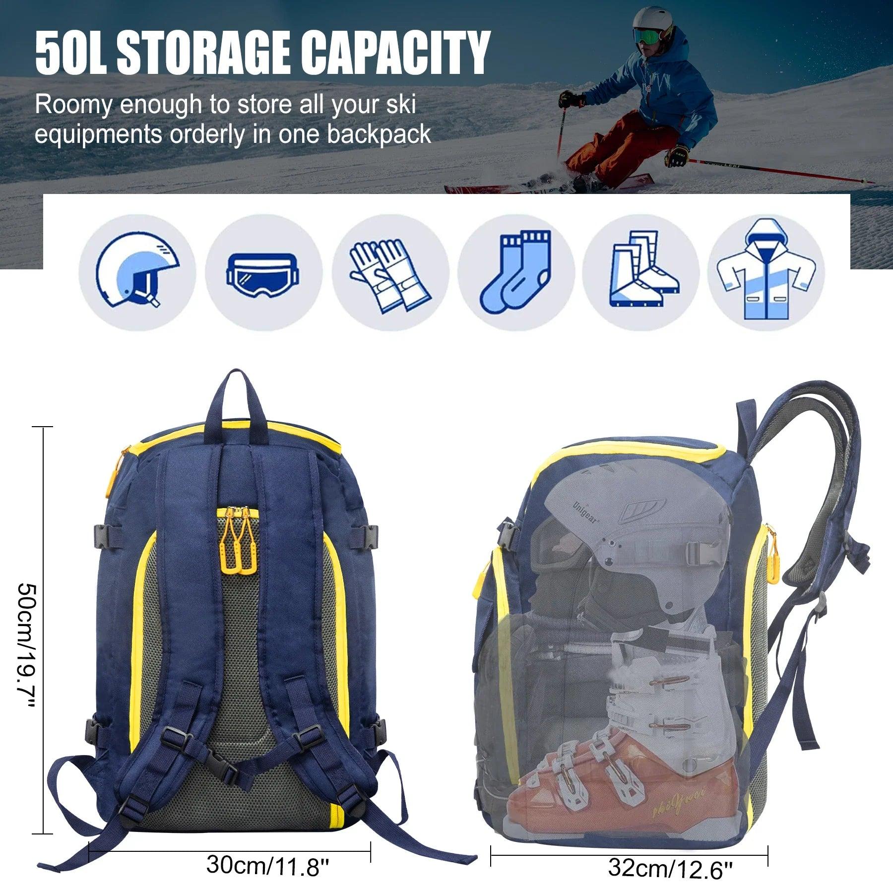 WESTTUNE 50L Ski Boot Bag - Large Capacity Backpack for Helmet & Gear